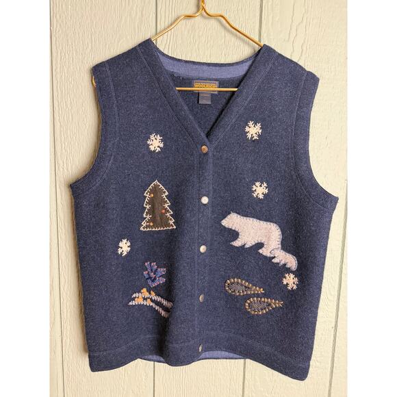 Vintage 90s Woolrich 100% Wool Winter Vest LG – Polar Bear, Snowshoes, Ski Scene - Picture 1 of 6
